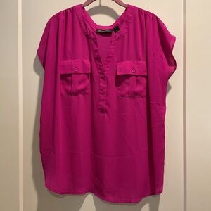 INC International Concepts Fuchsia Cap-Sleeve Split-Neck Blouse 0X